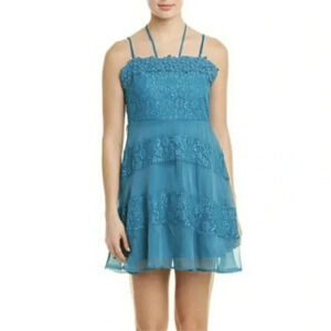 Anthropologie Foxiedox Womens Large Teal Blue Lace Mini Dress